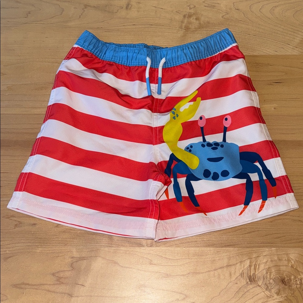 Mini Boden Boys Red Striped Swim Shorts with Crab 6-7 years NWOT